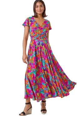 Roman Fuchsia Floral Ruched Waist Maxi Dress