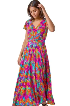 Roman Fuchsia Floral Ruched Waist Maxi Dress