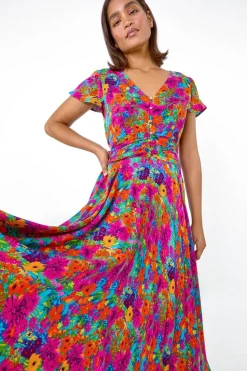Roman Fuchsia Floral Ruched Waist Maxi Dress