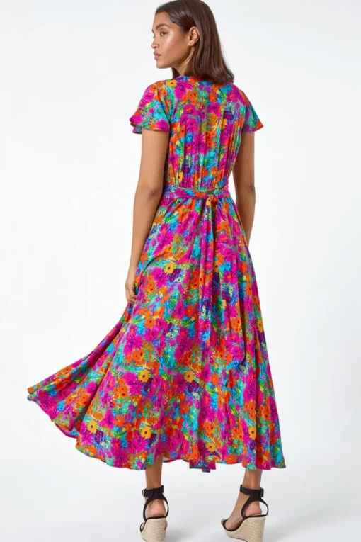 Roman Fuchsia Floral Ruched Waist Maxi Dress