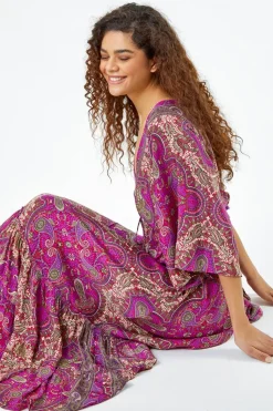 Roman Fuchsia Paisley Print Boho Maxi Dress