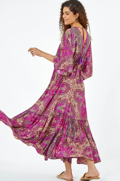 Roman Fuchsia Paisley Print Boho Maxi Dress