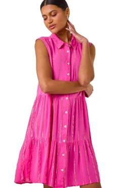 Roman Fuchsia Shimmer Button Through Shirt Dress