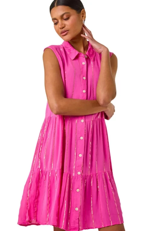 Roman Fuchsia Shimmer Button Through Shirt Dress
