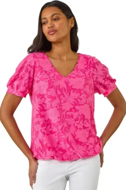 Roman Fuchsia Textured Floral Blouson Hem Stretch Top