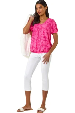 Roman Fuchsia Textured Floral Blouson Hem Stretch Top