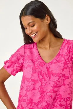 Roman Fuchsia Textured Floral Blouson Hem Stretch Top