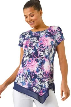 Roman Fuchsia Textured Floral Print Asymmetric Top