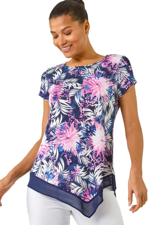 Roman Fuchsia Textured Floral Print Asymmetric Top