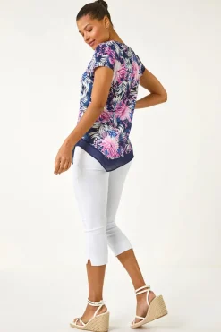 Roman Fuchsia Textured Floral Print Asymmetric Top