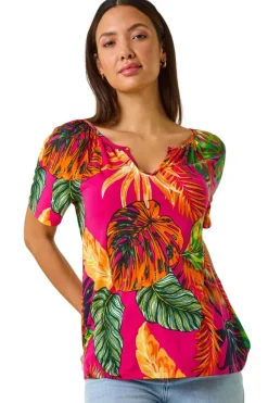 Roman Fuchsia Tropical Print Notch Neck Stretch Top