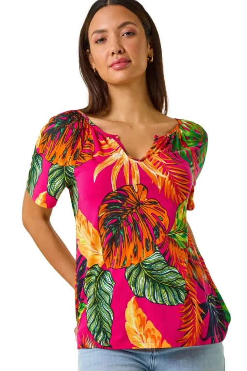 Roman Fuchsia Tropical Print Notch Neck Stretch Top