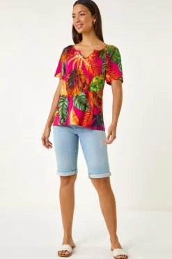 Roman Fuchsia Tropical Print Notch Neck Stretch Top