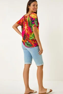 Roman Fuchsia Tropical Print Notch Neck Stretch Top