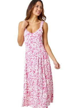 Roman Fuschia Sleeveless Floral Midi Stretch Dress
