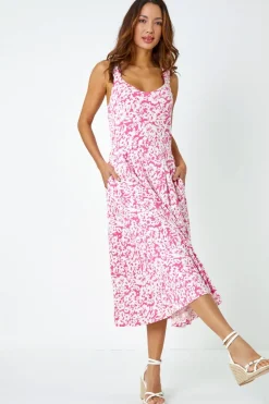 Roman Fuschia Sleeveless Floral Midi Stretch Dress