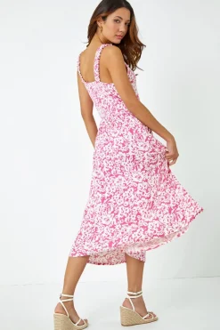 Roman Fuschia Sleeveless Floral Midi Stretch Dress