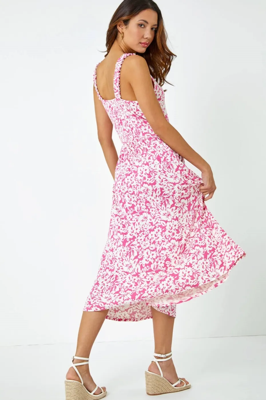 Roman Fuschia Sleeveless Floral Midi Stretch Dress