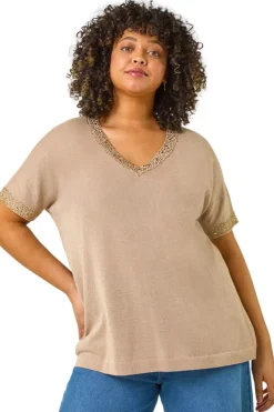 Roman Gold Curve Hotfix V-Neck Knit Top