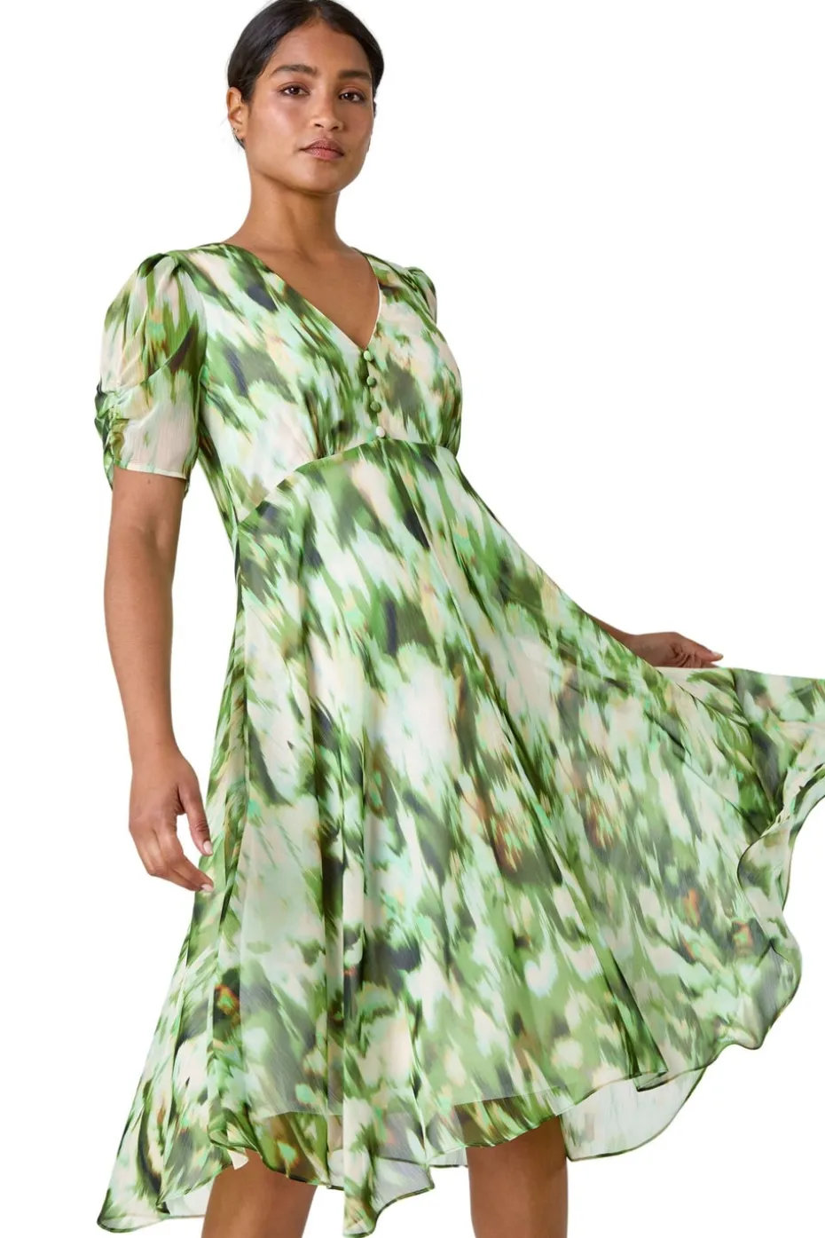 Roman Green Abstract Chiffon Hanky Hem Asymmetric Dress