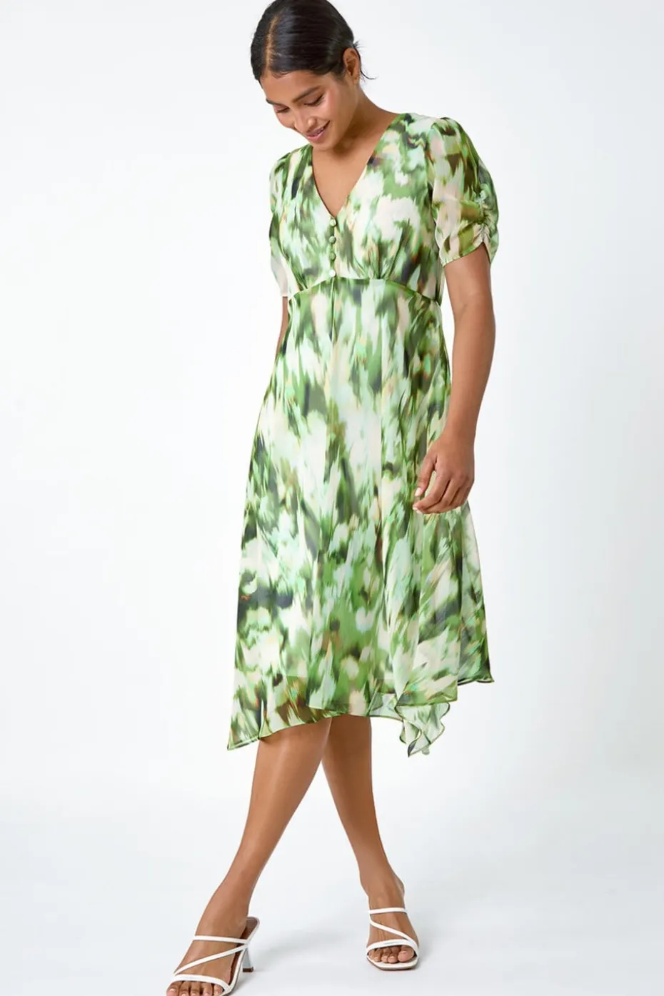 Roman Green Abstract Chiffon Hanky Hem Asymmetric Dress