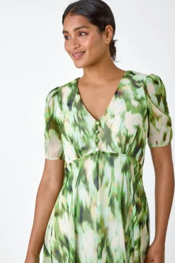 Roman Green Abstract Chiffon Hanky Hem Asymmetric Dress