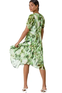 Roman Green Abstract Chiffon Hanky Hem Asymmetric Dress