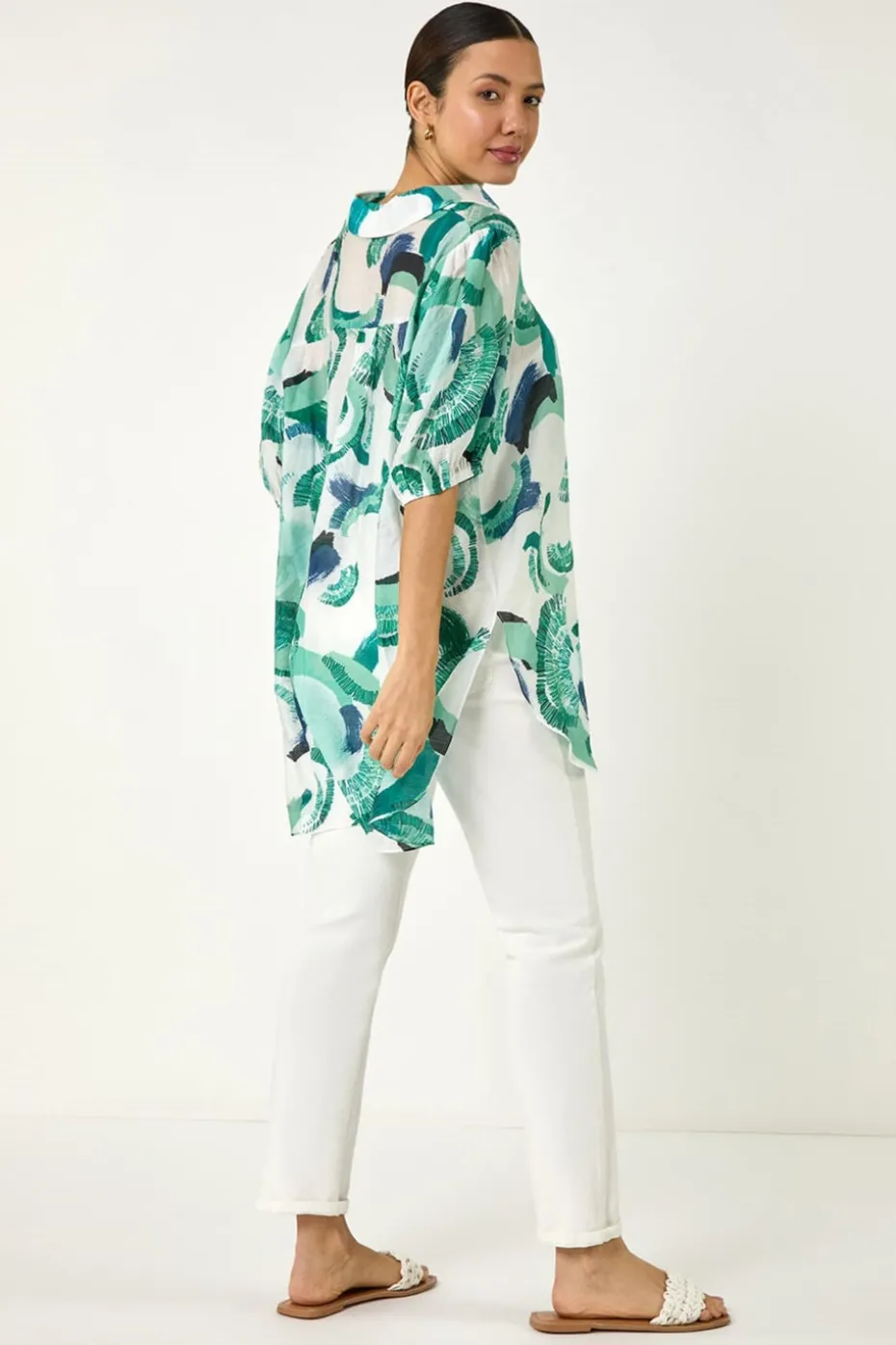 Roman Green Abstract Print Longline Overshirt