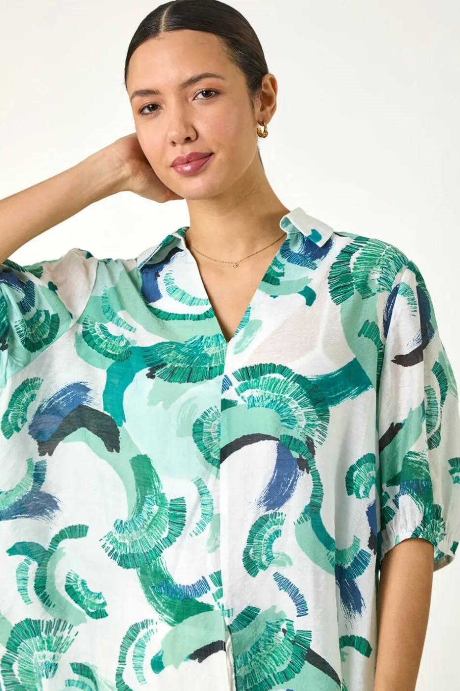 Roman Green Abstract Print Longline Overshirt