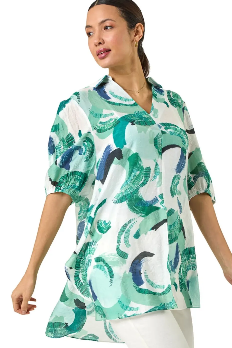 Roman Green Abstract Print Longline Overshirt