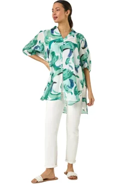 Roman Green Abstract Print Longline Overshirt