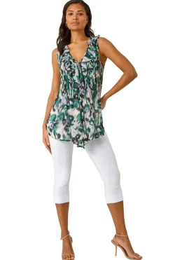 Roman Green Abstract Print Frill Pintuck Detail Top