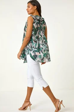 Roman Green Abstract Print Frill Pintuck Detail Top