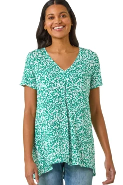 Roman Green Abstract Print Pleat Front Top