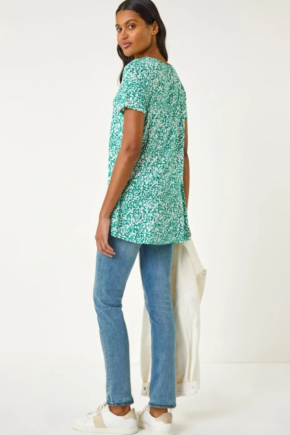 Roman Green Abstract Print Pleat Front Top