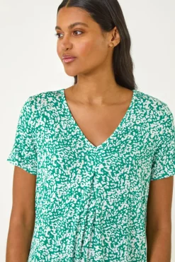 Roman Green Abstract Print Pleat Front Top