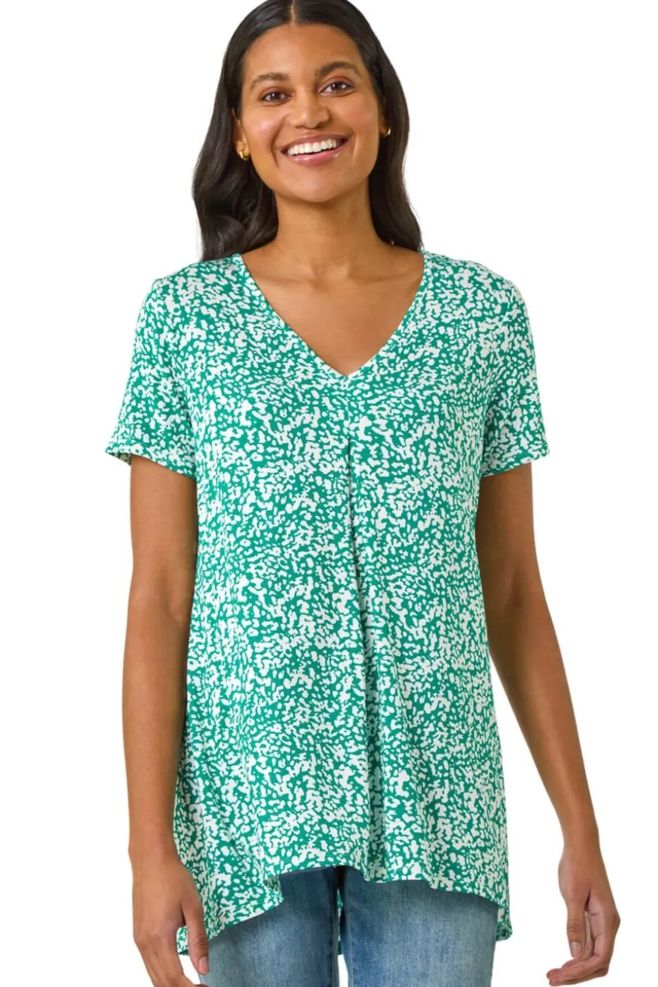 Roman Green Abstract Print Pleat Front Top