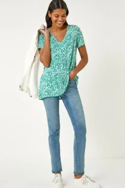 Roman Green Abstract Print Pleat Front Top