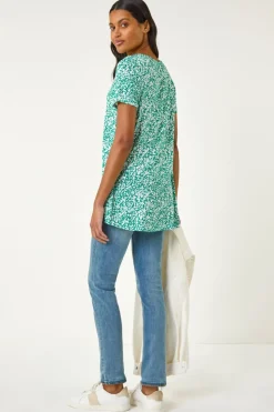 Roman Green Abstract Print Pleat Front Top