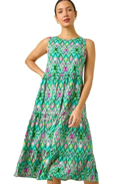 Roman Green Abstract Print Smock Midi Dress