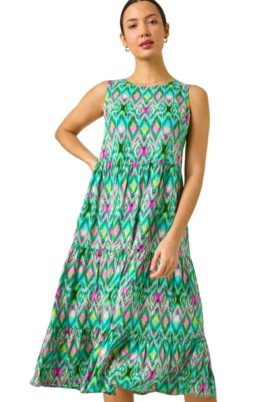 Roman Green Abstract Print Smock Midi Dress