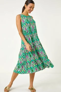 Roman Green Abstract Print Smock Midi Dress