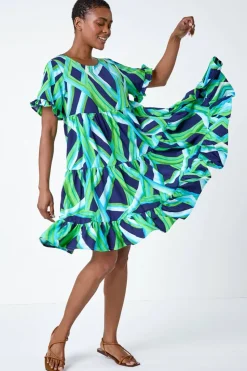 Roman Green Abstract Print Tiered Smock Dress