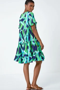 Roman Green Abstract Print Tiered Smock Dress