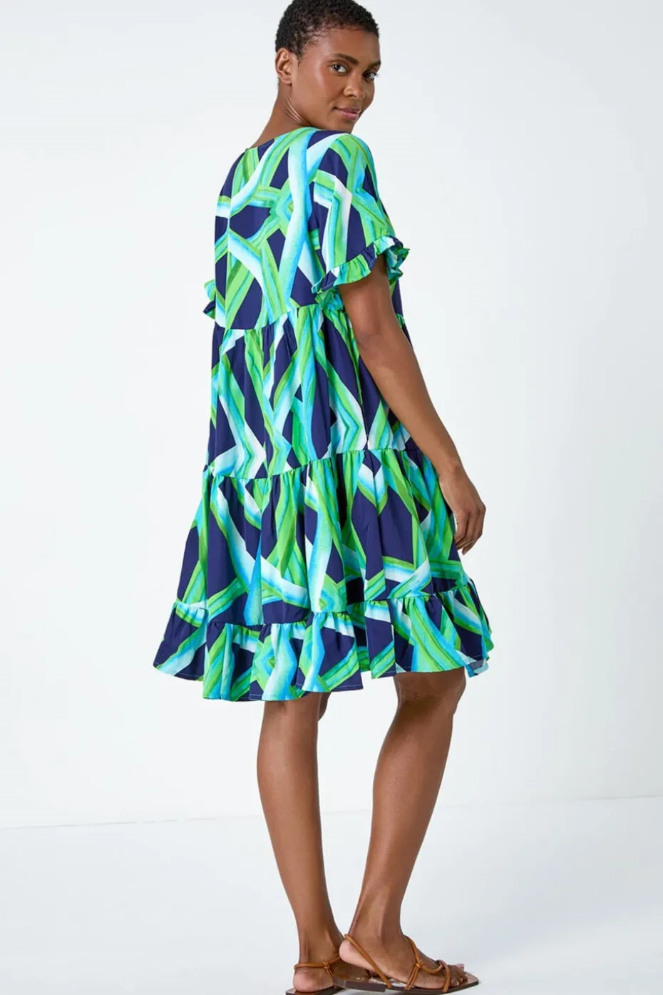 Roman Green Abstract Print Tiered Smock Dress