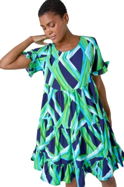Roman Green Abstract Print Tiered Smock Dress