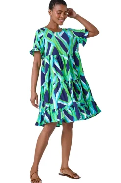 Roman Green Abstract Print Tiered Smock Dress