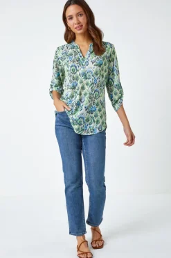 Roman Green Aztec Burnout Print Relaxed V-Neck Tunic Top