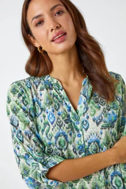 Roman Green Aztec Burnout Print Relaxed V-Neck Tunic Top