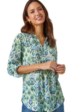 Roman Green Aztec Burnout Print Relaxed V-Neck Tunic Top